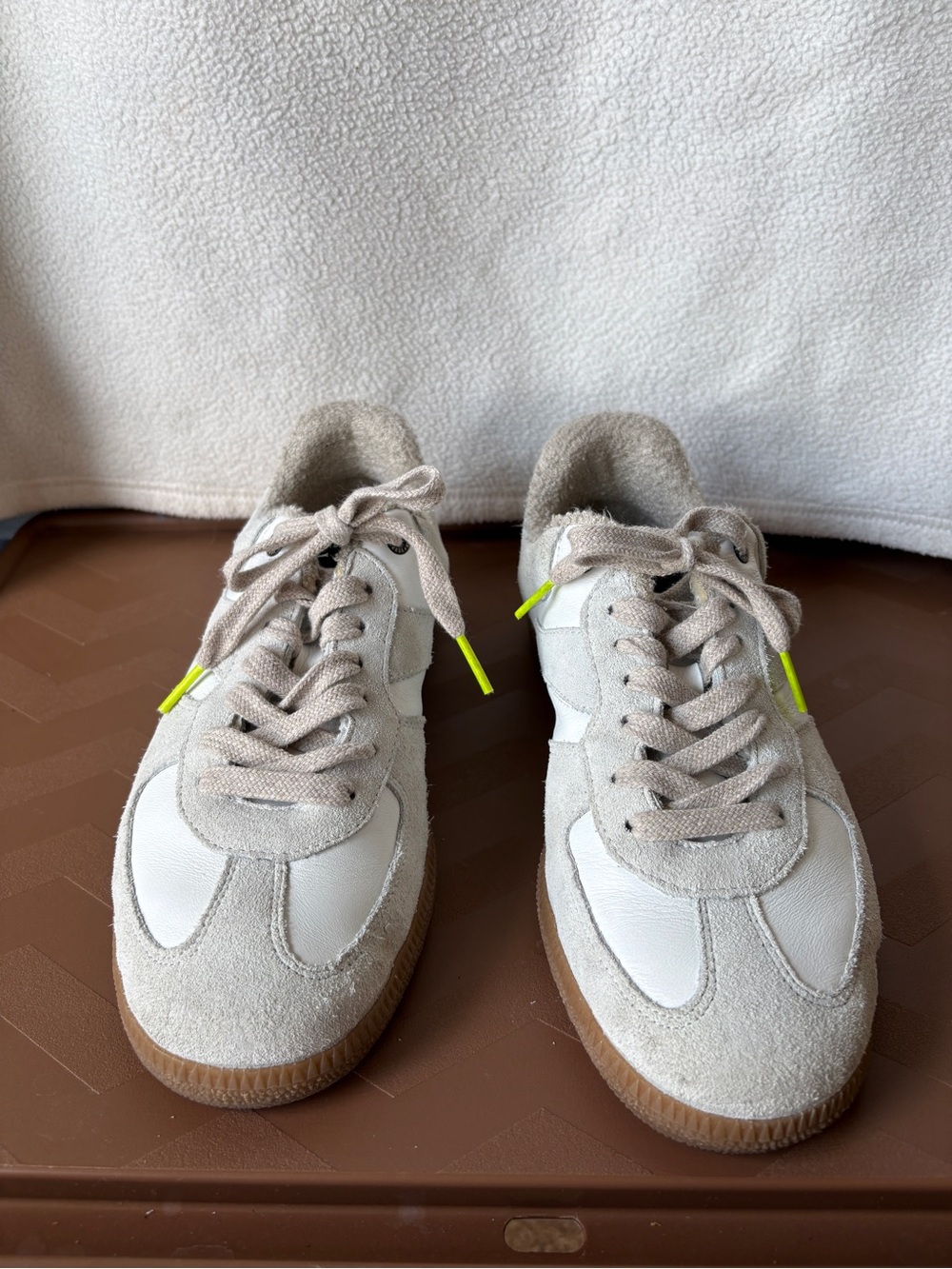 Verbenas White Suede & Leather Lace-Up Sneakers with Neon Lace Tips